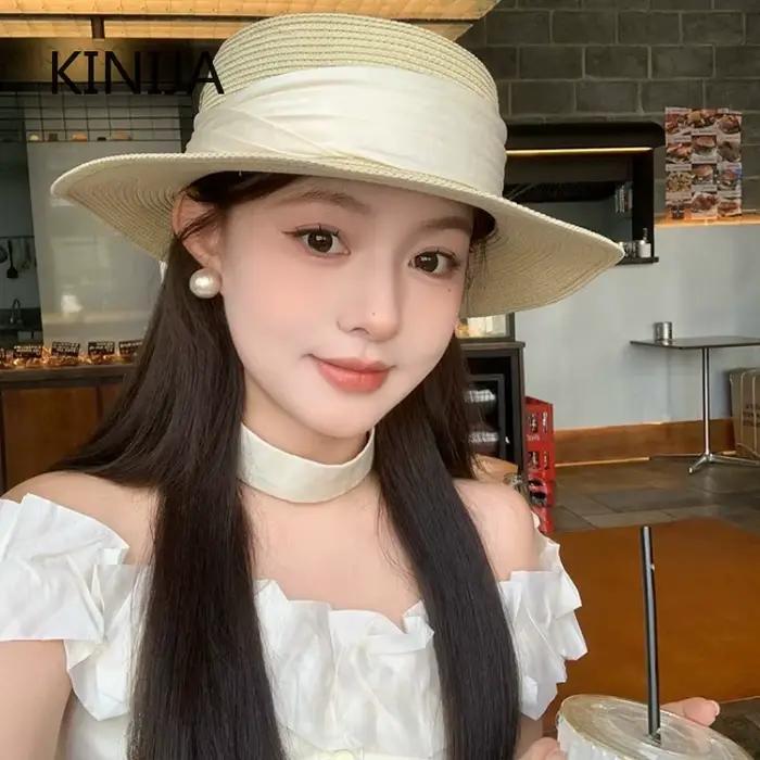 Chapeau de paille élégant de style français à dessus plat pour femme