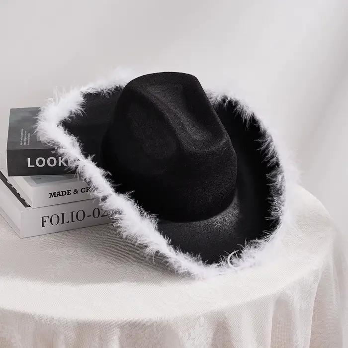 Chapeau de cowgirl FYBITBO bord large garniture fourrure polyester pour femmes soirée robe mariage rendez vous