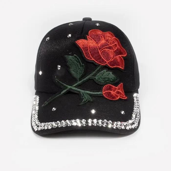 Casquette de baseball vintage pour femme avec grande décoration de rose
