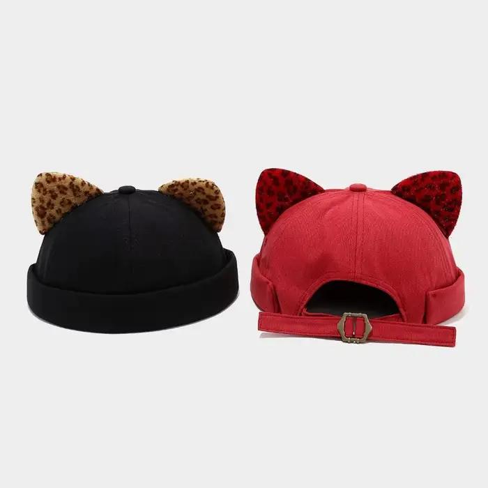 Casquette Docker Melon Hip Hop à Oreilles de Chat Imprimé Léopard