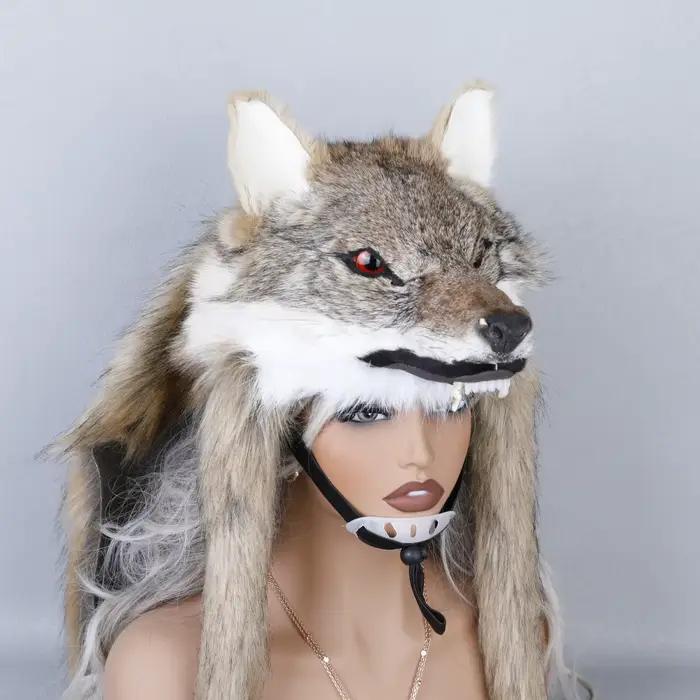 Chapeau tête de loup en fausse fourrure unisexe