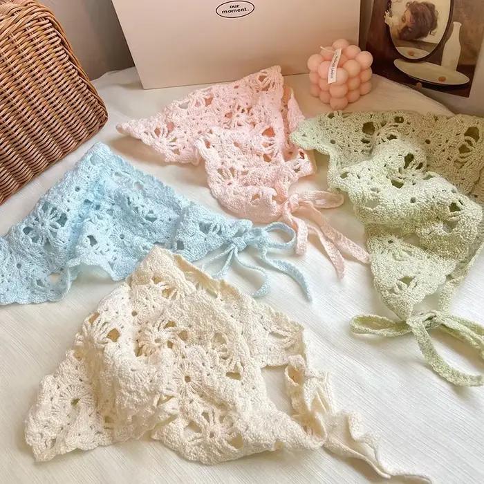 Foulard tricoté chapeau Style pastoral français Triangle bandeau fait à la main Crochet