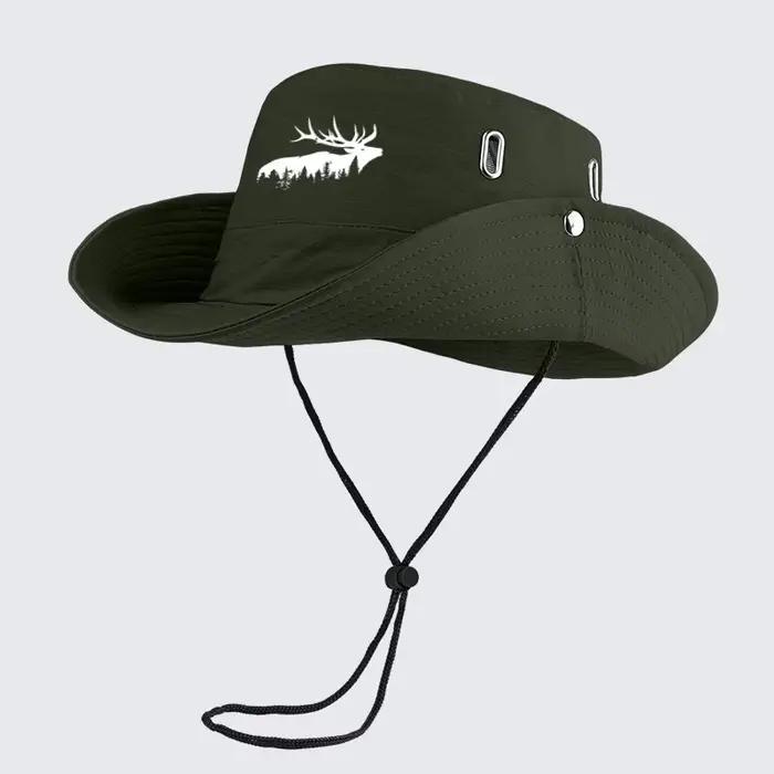 Chapeau de soleil d'extérieur à imprimé forêt de cerfs - Bob respirant à large bord avec sangle sous le menton - Idéal pour la randonnée et le camping