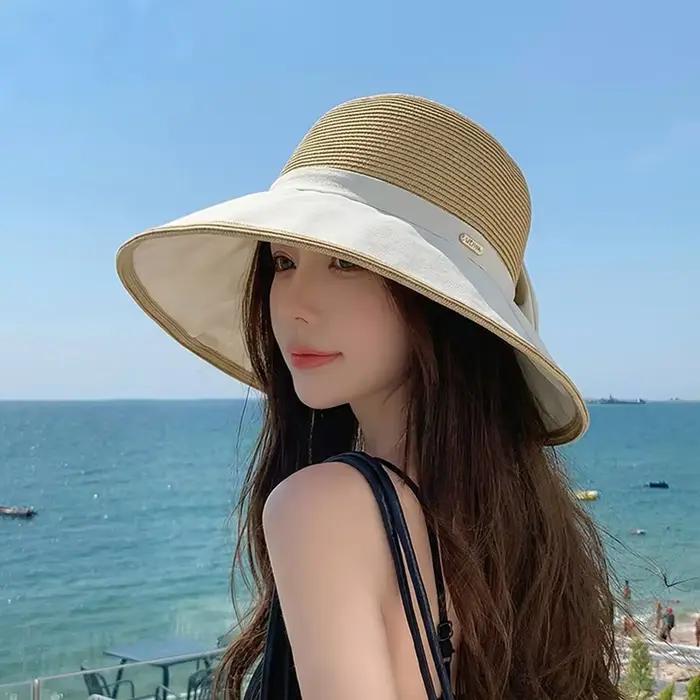 Chapeau de soleil en paille pour femme avec nœud