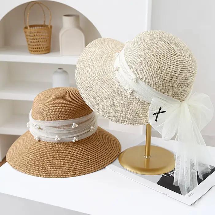 Chapeau de soleil en paille élégant avec nœud en maille de perles pour femmes