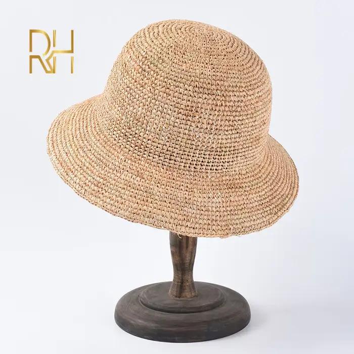 Chapeau seau en paille de raphia naturel au Crochet pour femmes