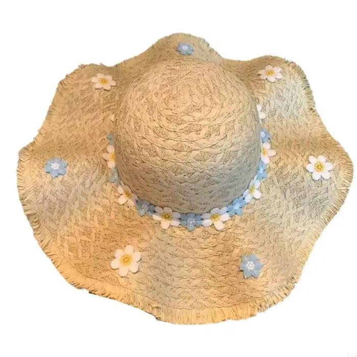 Chapeau paille à fleurs d'été large bord 15cm pour protection solaire et style unique pour enfants 7-13 ans occasions estivales