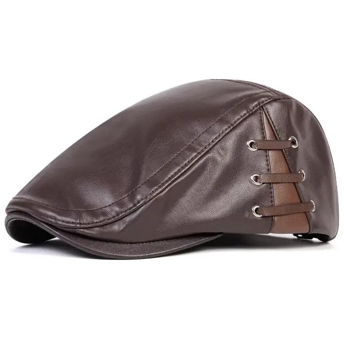 Casquettes de gavroche rétro en cuir PU de couleur unie pour hommes