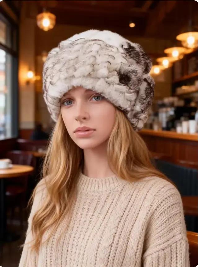 Chapeau en fourrure d'hiver chaud et tendance en tricot de poils de lapin Rex naturel