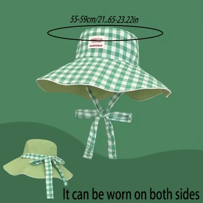 Chapeau de pêcheur coréen à bretelles à carreaux avec un grand bord pour l'été