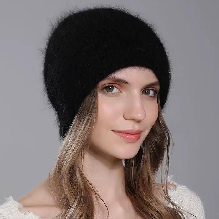 CNTANG chapeau pour femmes hiver chaud mode avec diamant fleur bonnets tricoté Angora longs lapin fourrure chapeaux Double couche dames casquette
