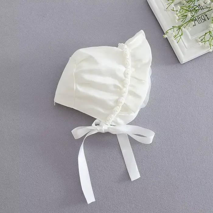 Nouveau chapeau de bébé fleur faite à la main avec perle casquette infantile princesse nouveau-né accessoire pour fête et baptême accessoires 0-12M