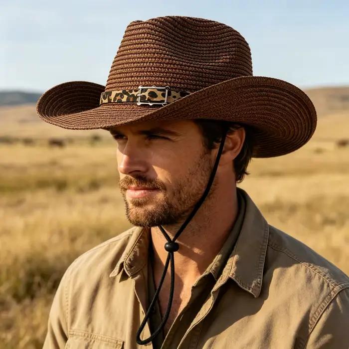 Chapeau de cowboy occidental en paille avec bandeau imprimé léopard