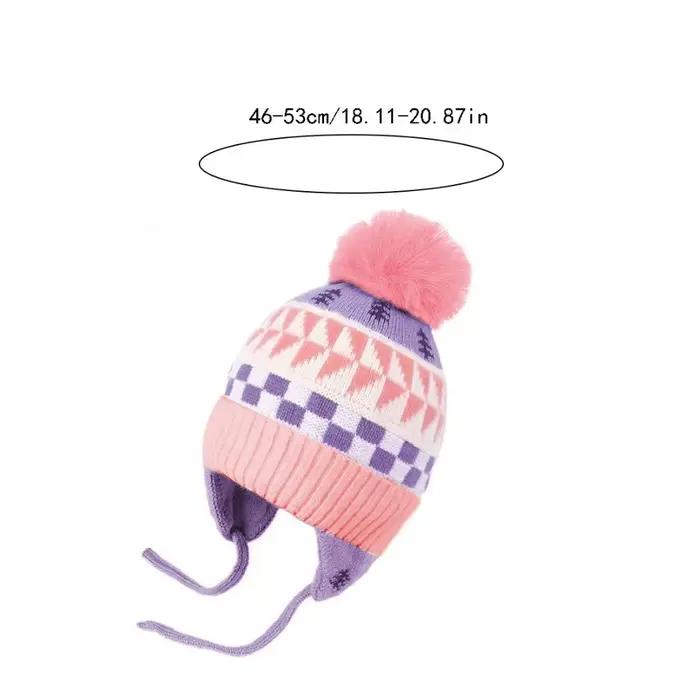 Mignon Jacquard bébé tricoté chapeau boule de cheveux chaud enfants bonnets casquette épaissir doux cache-oreilles