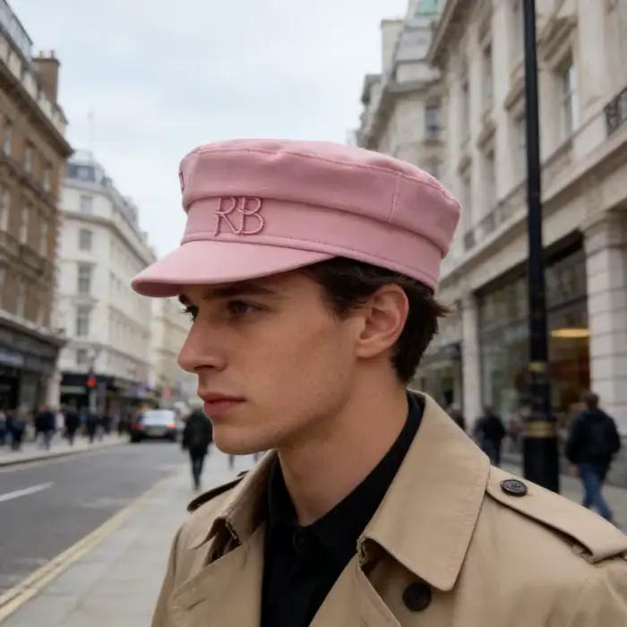 Casquette Baker Boy en coton/lin rose ornée d'un monogramme
