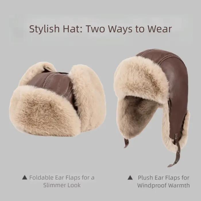 Chapeau de pilote d'hiver en cuir Pu