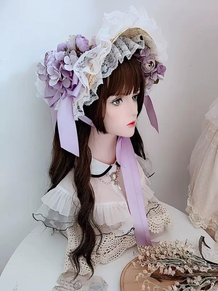 Lolita fleur élégant chapeau plat tissage haut-de-forme