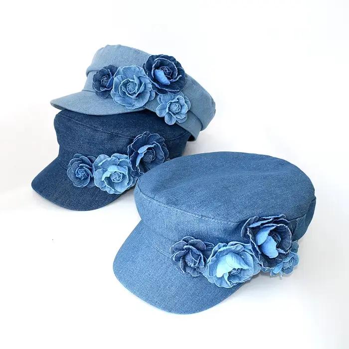 Béret en jean tendance avec fleur tridimensionnelle