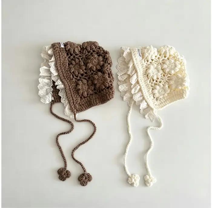Bonnet tricoté jacquard ajouré à fleurs pour bébés et enfants