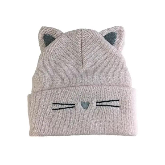 Chapeau tricoté avec oreilles de chat mignonnes brodées pour femmes