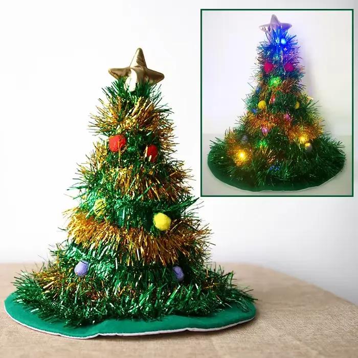 Chapeaux festifs arbre chapeau de père noël avec guirlandes LED lumières colorées étoile Costume de nouvel an pour adultes enfants