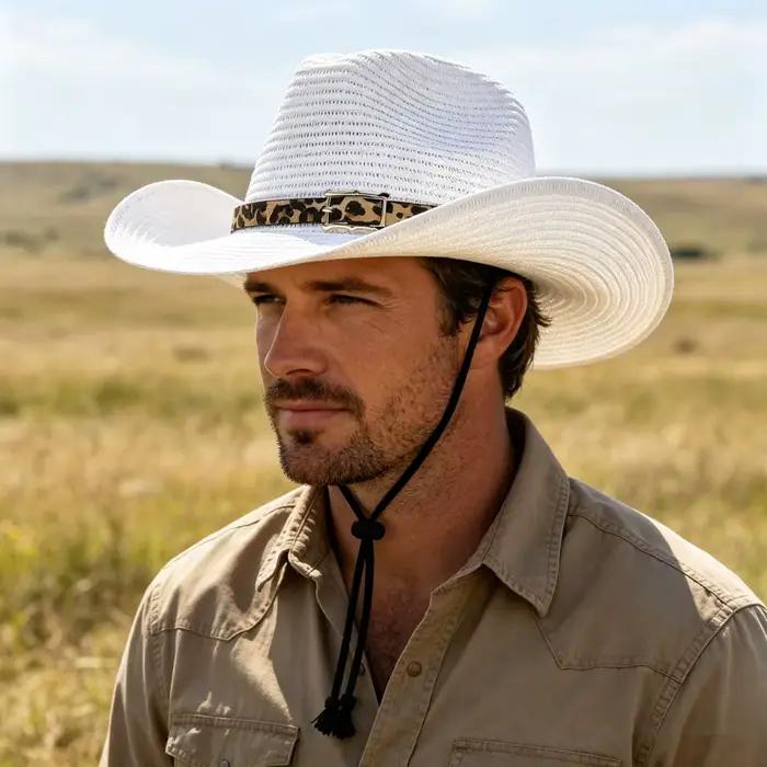 Chapeau de cowboy occidental en paille avec bandeau imprimé léopard