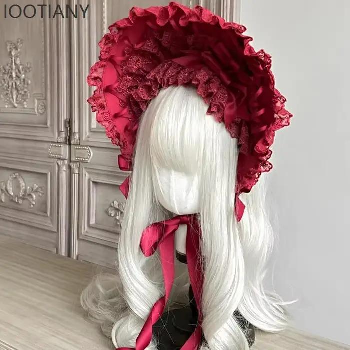 IOOTIANY Original gothique Lolita bordeaux dentelle chapeau femmes rétro victorien élégant ruban pansement thé fête plage plat chapeaux 2026