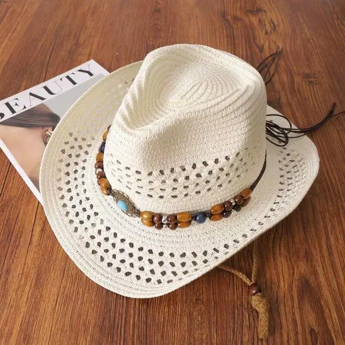 Chapeau de paille en denim tressé ajouré style bohème