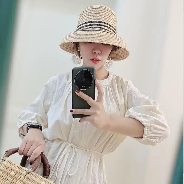 Everche-Chapeau de paille rayé noir pour femme