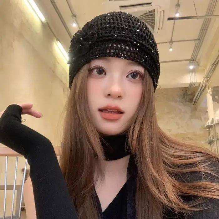 Casquette tricotée aux fleurs tissées à la main polyester pour femmes, style années 2000, streetwear, extérieure, printemps été, multifonctionnelle