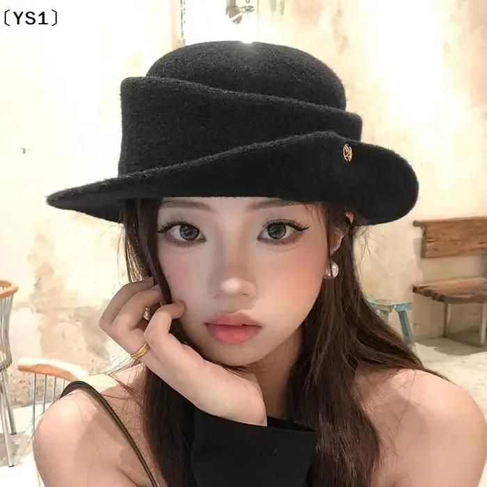 Chapeau de seau haut de forme noir élégant style Hepburn pour femme, accessoire de mode pour automne et hiver, chapeau en polyester pour extérieur