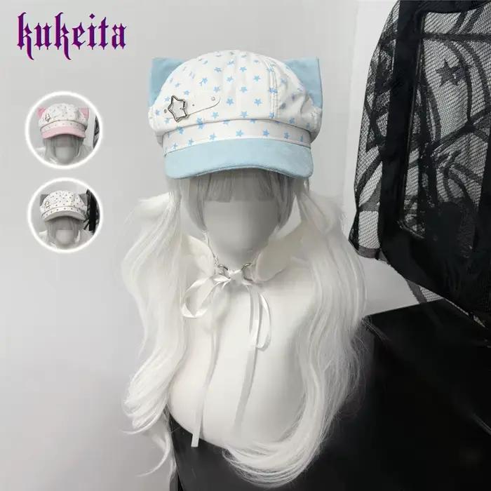 Kukrita Harajuku Y2K – Chapeau à oreilles de chat bleu et blanc