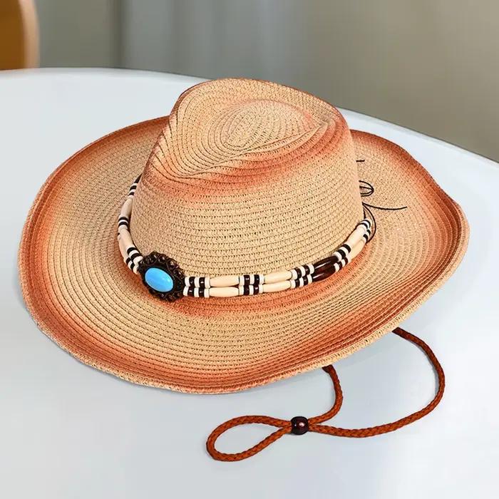 Chapeau de Cowgirl en paille avec ceinture de perles pour hommes et femmes