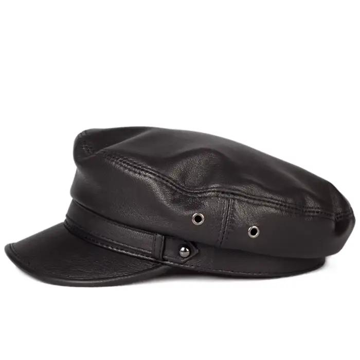 100% chapeau en cuir hommes femmes unisexe étudiants casquettes marine Homme Locomotive langue de canard haut plat Gorras gavroche mode coréenne Chapeu