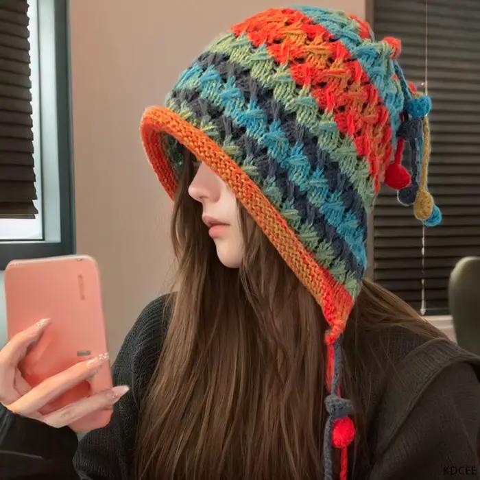Bonnet en laine tricoté à rayures arc-en-ciel colorées pour femmes