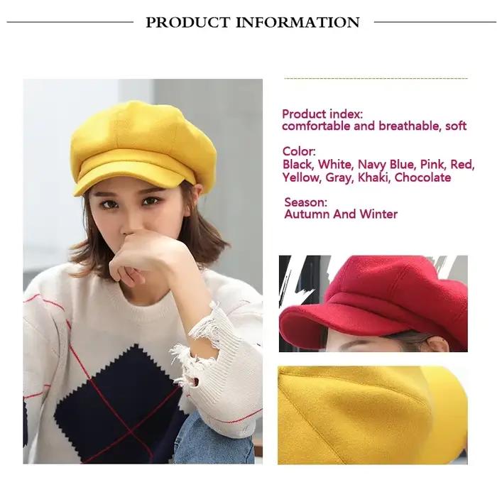 Chapeau octogonal en laine de Style coréen de couleur unie pour femmes