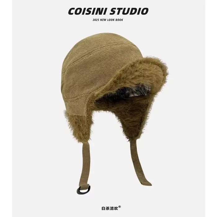 Ins rétro vert moutarde Double face en peluche Bomber chapeaux pour femmes automne hiver voyage Protection des oreilles chaud polyvalent hommes casquettes