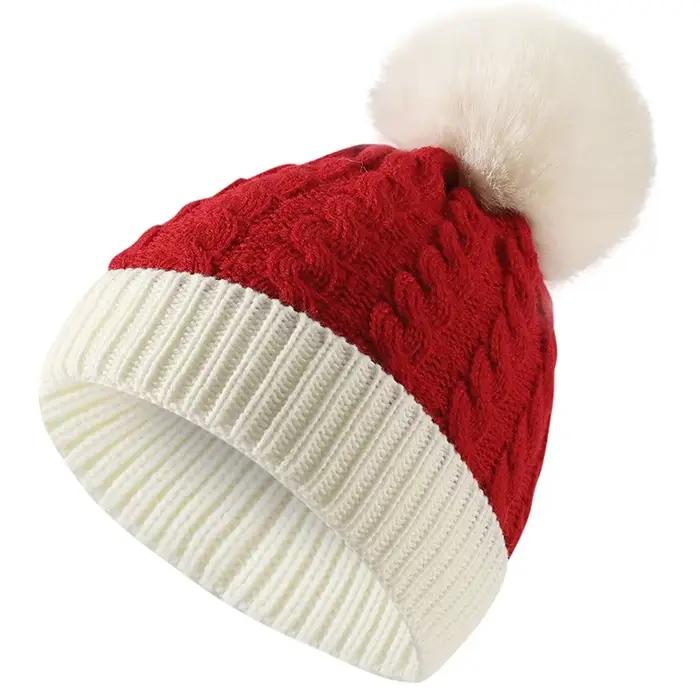 Chapeau tricoté unisexe avec pompons en Patchwork rouge et vert