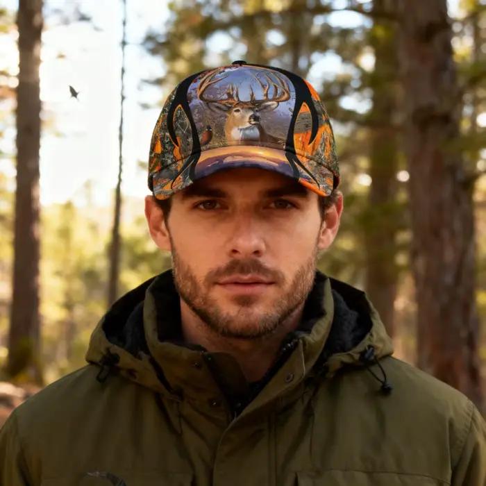Casquette de baseball camouflage orange avec énorme cerf et coucher de soleil imprimé flammes vibrantes pour la chasse chapeau d'extérieur réglable pour hommes et femmes