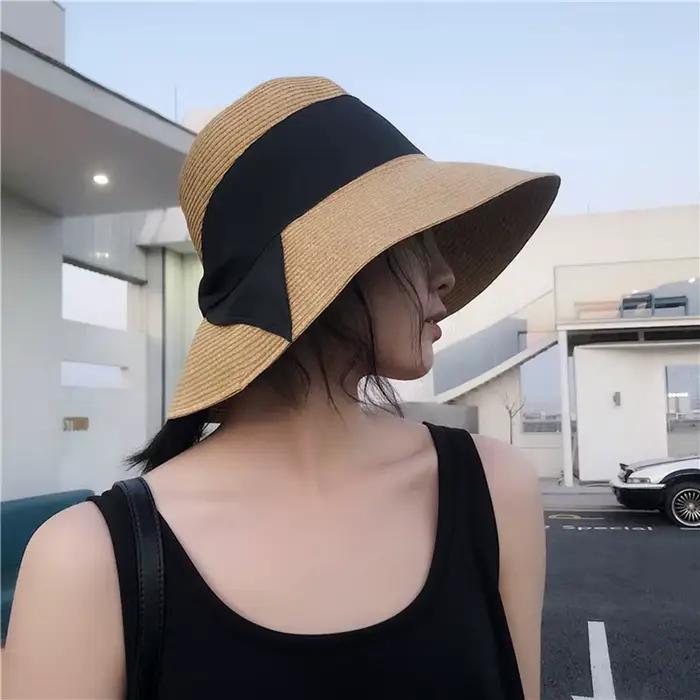 Chapeaux de paille à nœud de ruban noir pliable pour femmes et filles