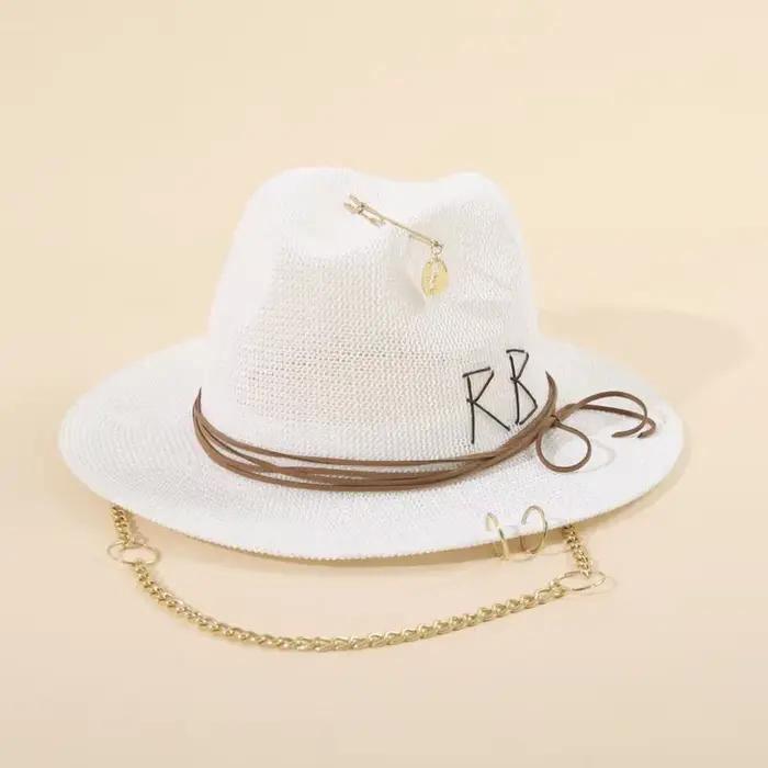 Offres spéciales à la mode métal RB lettre chapeaux de paille pour femmes hommes été vacances en plein air plage
