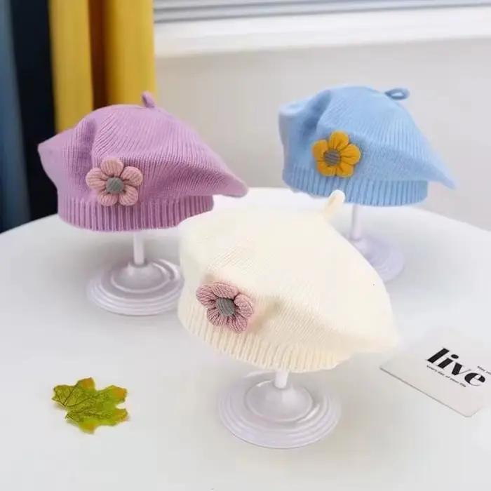 Béret à fleurs pour bébé tricoté en polyester mignon uni coloré pour nourrissons filles garçons occasions spéciales de 1 à 3 ans