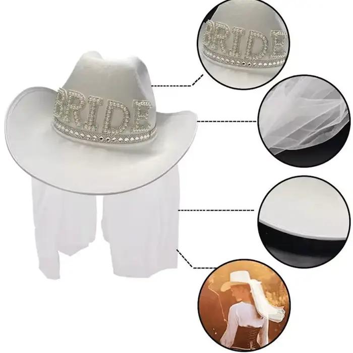 Chapeau de cowboy à large bord style western pour mariage champêtre, voile de mariée à plumes, cadeau pour douche nuptiale, événement à thème champêtre, enterrement de vie de jeune fille