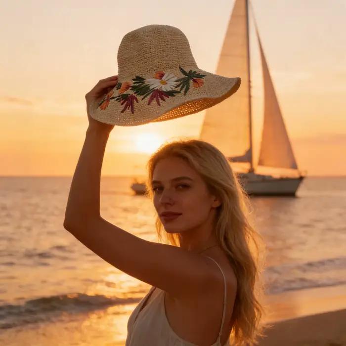 Chapeau de paille floral brodé à la main pour femme
