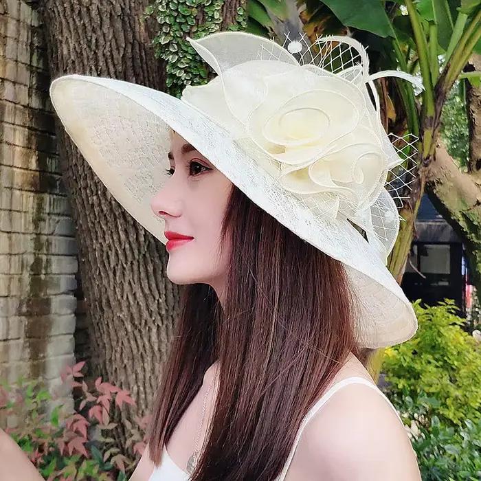 Kentucky Grand Chapeau Femmes Thé Fête Mariage Été Organza Fleurs Grand Bord Large Mode Vintage Fedora Occasions Spéciales