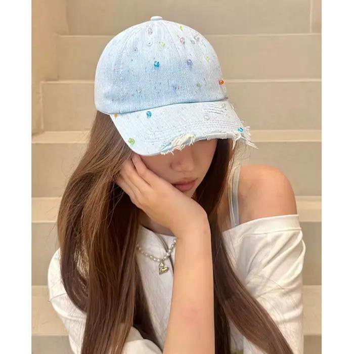 Casquette de baseball ELFSACK en jean déchiré avec perles colorées pour femmes style urbain plage décontracté quatre saisons