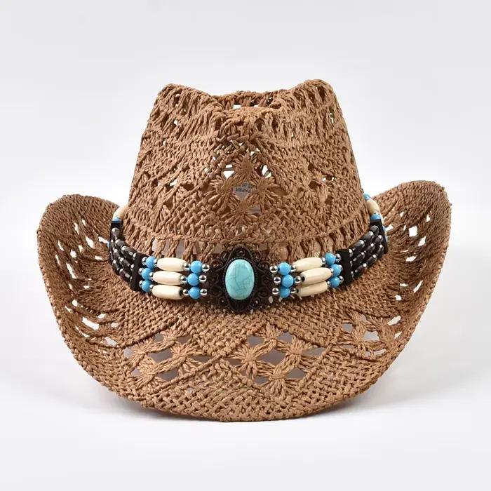 Chapeau de soleil en paille ajouré style bohème pour l'été