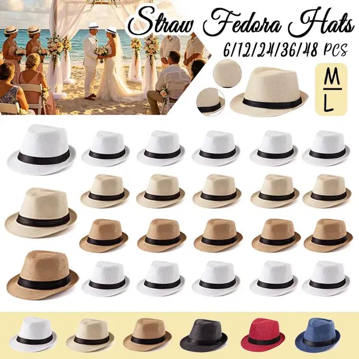 Lot de 6 à 48 chapeaux Fedora en paille pour mariage