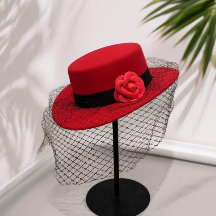 Hebe Style noir dentelle camélia chapeau élégant français noble à la mode plat haut-de-forme Chic casquette sans bride
