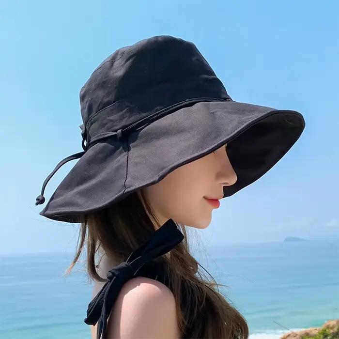 Chapeau de pêcheur pour femme avec nœud grand bord protection solaire visière anti-uv couleur unie extérieur plage été style sport coton polyester